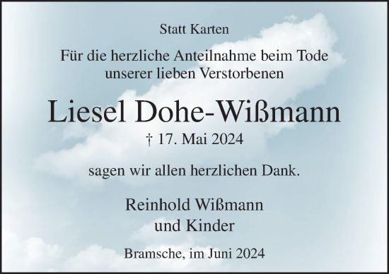 Traueranzeige von Liesel Dohe-Wißmann von Neue Osnabrücker Zeitung GmbH & Co. KG
