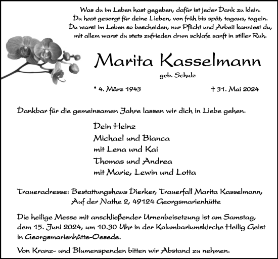 Traueranzeige von Maarita Kasselmann von Neue Osnabrücker Zeitung GmbH & Co. KG