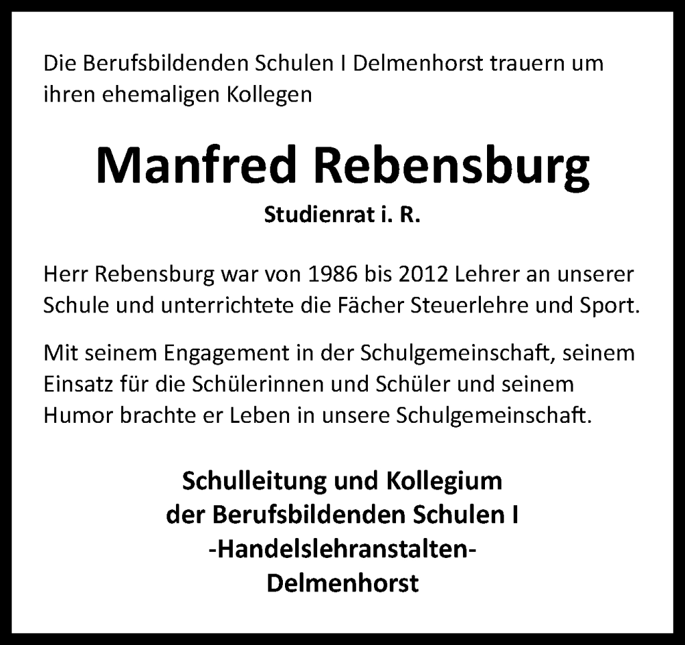  Traueranzeige für Manfred Rebensburg vom 15.06.2024 aus DK Medien GmbH & Co. KG