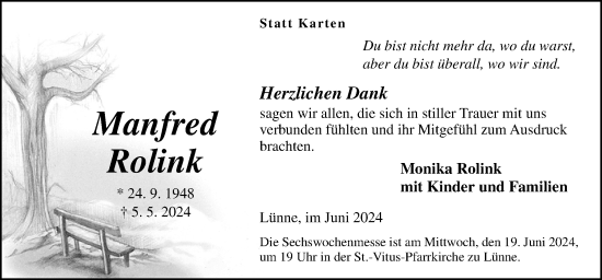 Traueranzeige von Manfred Rolink von Neue Osnabrücker Zeitung GmbH & Co. KG