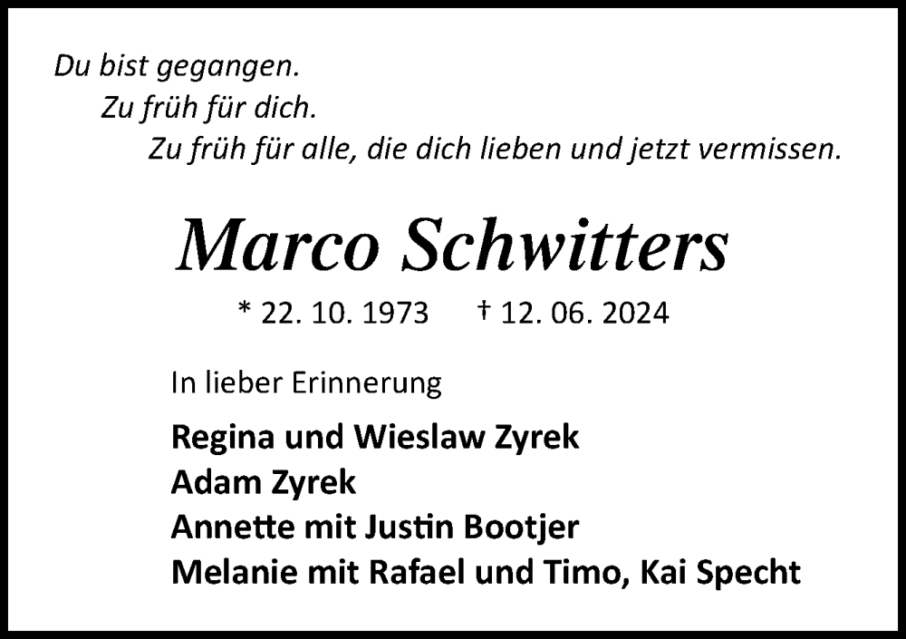  Traueranzeige für Marco Schwitters vom 15.06.2024 aus DK Medien GmbH & Co. KG