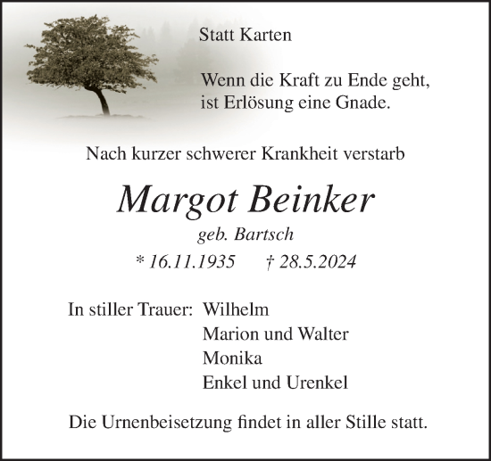 Traueranzeige von Margot Beinker von Neue Osnabrücker Zeitung GmbH & Co. KG