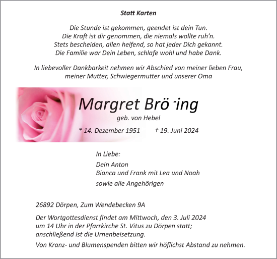 Traueranzeige von Margret Bröring von Neue Osnabrücker Zeitung GmbH & Co. KG
