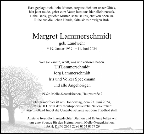 Traueranzeige von Margret Lammerschmidt von Neue Osnabrücker Zeitung GmbH & Co. KG