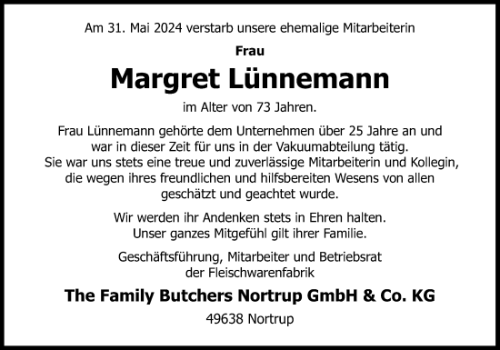 Traueranzeige von Margret Lünnemann von Neue Osnabrücker Zeitung GmbH & Co. KG