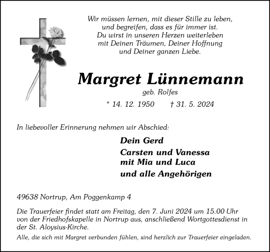 Traueranzeige von Margret Lünnemann von Neue Osnabrücker Zeitung GmbH & Co. KG