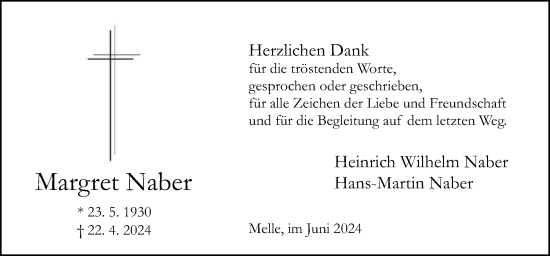 Traueranzeige von Margret Naber von Neue Osnabrücker Zeitung GmbH & Co. KG