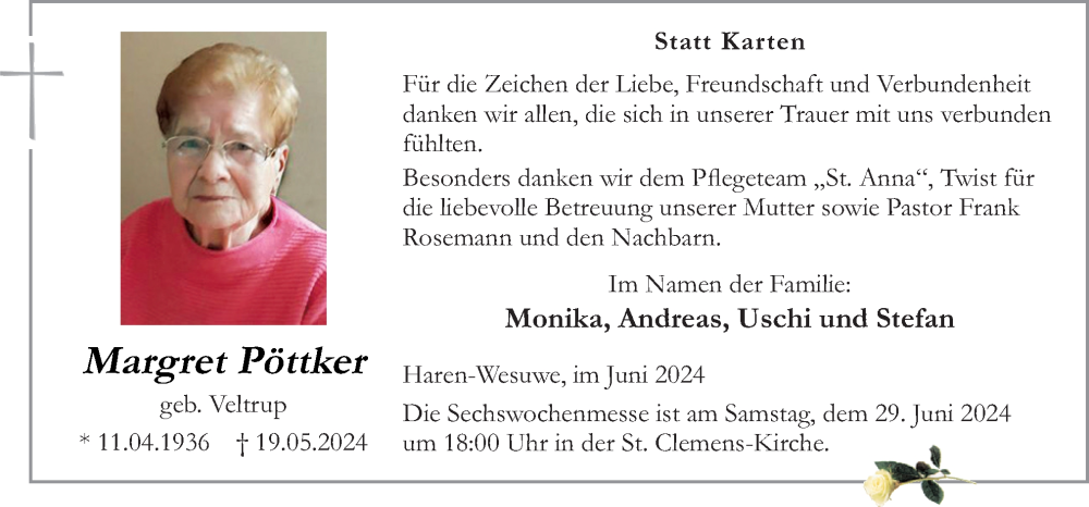  Traueranzeige für Margret Pöttker vom 26.06.2024 aus Neue Osnabrücker Zeitung GmbH & Co. KG