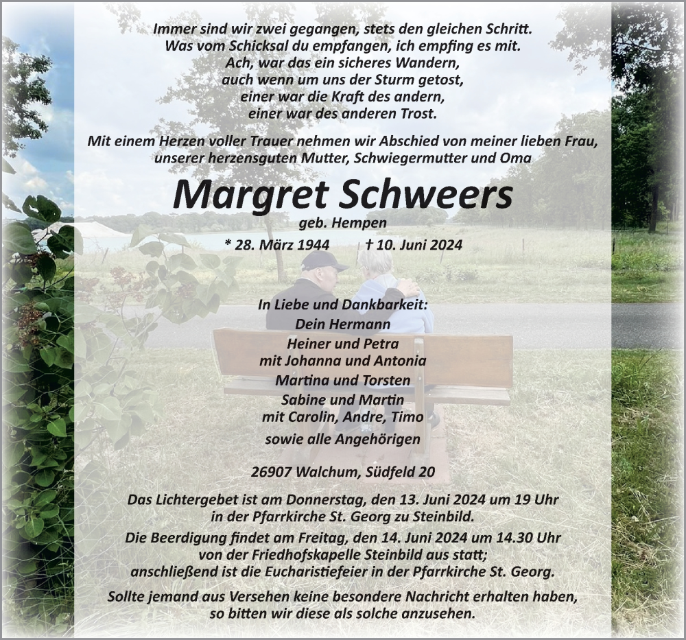  Traueranzeige für Margret Schweers vom 12.06.2024 aus Neue Osnabrücker Zeitung GmbH & Co. KG