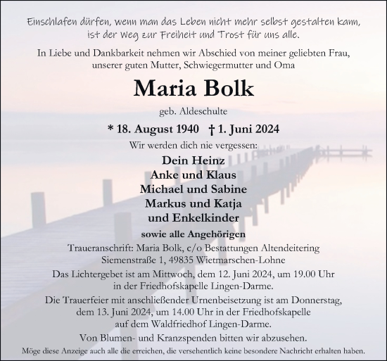 Traueranzeige von Maria Bolk von Neue Osnabrücker Zeitung GmbH & Co. KG