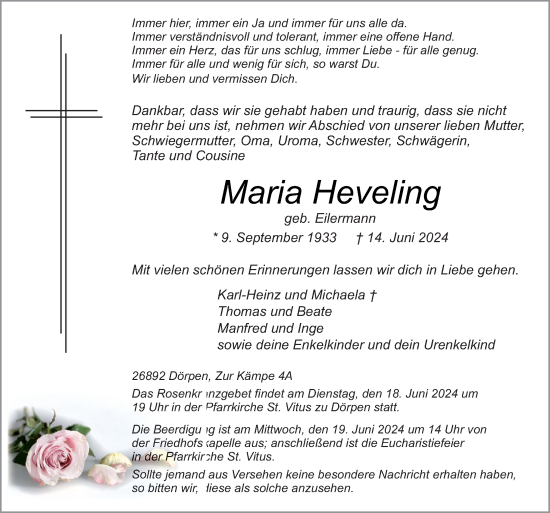 Traueranzeige von Maria Heveling von Neue Osnabrücker Zeitung GmbH & Co. KG