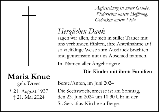 Traueranzeige von Maria Knue von Neue Osnabrücker Zeitung GmbH & Co. KG