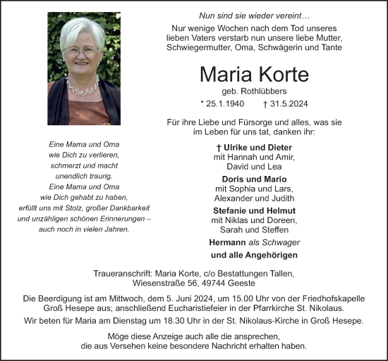 Traueranzeige von Maria Korte von Neue Osnabrücker Zeitung GmbH & Co. KG