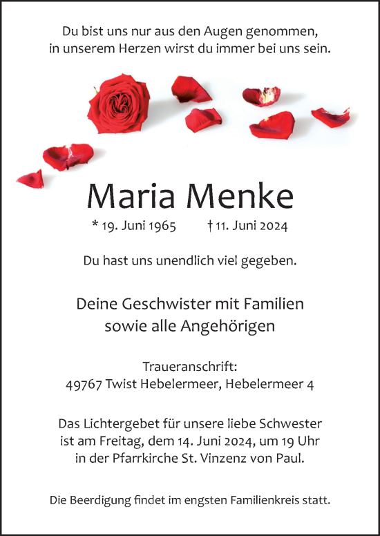 Traueranzeige von Maria Menke von Neue Osnabrücker Zeitung GmbH & Co. KG