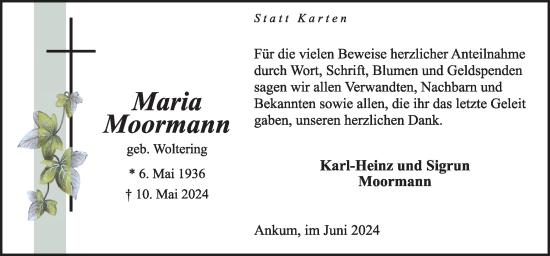 Traueranzeige von Maria Moormann von Neue Osnabrücker Zeitung GmbH & Co. KG