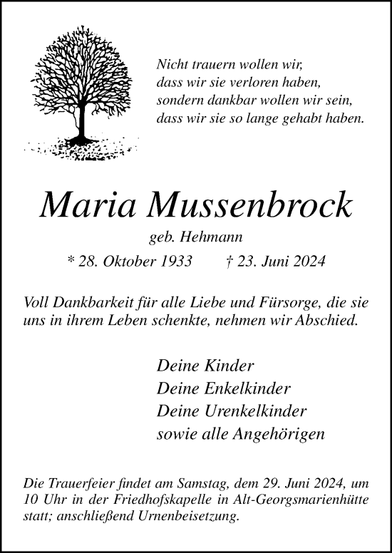 Traueranzeige von Maria Mussenbrock von Neue Osnabrücker Zeitung GmbH & Co. KG