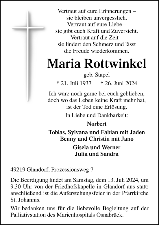 Traueranzeige von Maria Rottwinkel von Neue Osnabrücker Zeitung GmbH & Co. KG