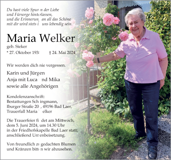 Traueranzeige von Maria Welker von Neue Osnabrücker Zeitung GmbH & Co. KG