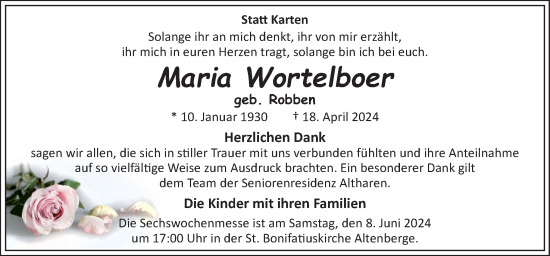 Traueranzeige von Maria Wortelboer von Neue Osnabrücker Zeitung GmbH & Co. KG