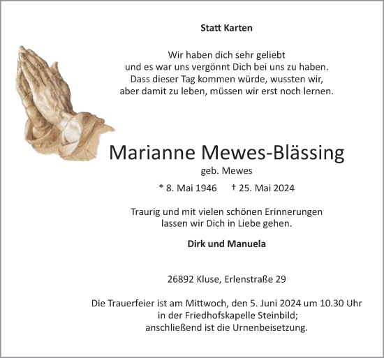 Traueranzeige von Marianne Mewes-Blässing von Neue Osnabrücker Zeitung GmbH & Co. KG