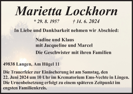 Traueranzeige von Marietta Lockhorn von Neue Osnabrücker Zeitung GmbH & Co. KG