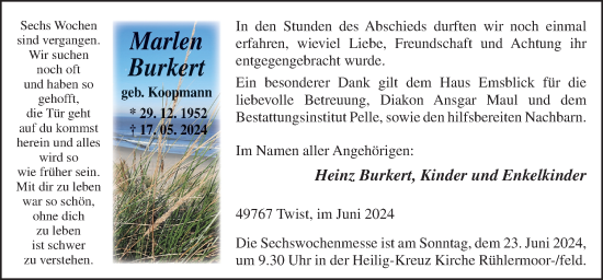 Traueranzeige von Marlen Burkert von Neue Osnabrücker Zeitung GmbH & Co. KG