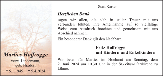 Traueranzeige von Marlies Hoffrogge von Neue Osnabrücker Zeitung GmbH & Co. KG