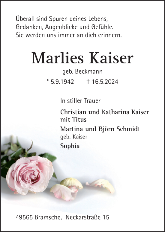 Traueranzeige von Marlies Kaiser von Neue Osnabrücker Zeitung GmbH & Co. KG