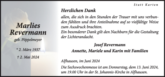 Traueranzeige von Marlies Revermann von Neue Osnabrücker Zeitung GmbH & Co. KG
