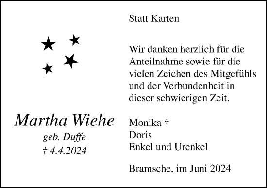 Traueranzeige von Martha Wiehe von Neue Osnabrücker Zeitung GmbH & Co. KG