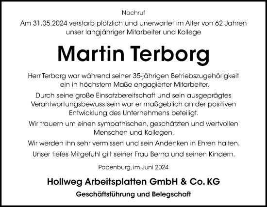 Traueranzeige von Martin Terborg von Neue Osnabrücker Zeitung GmbH & Co. KG