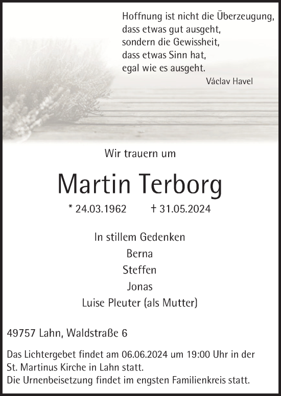 Traueranzeige von Martin Terborg von Neue Osnabrücker Zeitung GmbH & Co. KG