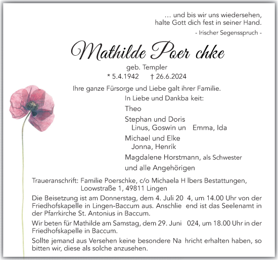 Traueranzeige von Mathilde Poerschke von Neue Osnabrücker Zeitung GmbH & Co. KG