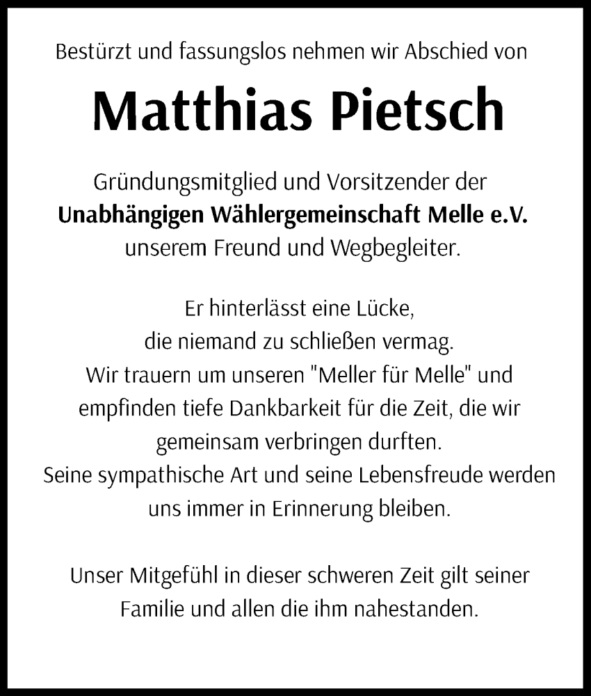  Traueranzeige für Matthias Pietsch vom 01.06.2024 aus Neue Osnabrücker Zeitung GmbH & Co. KG