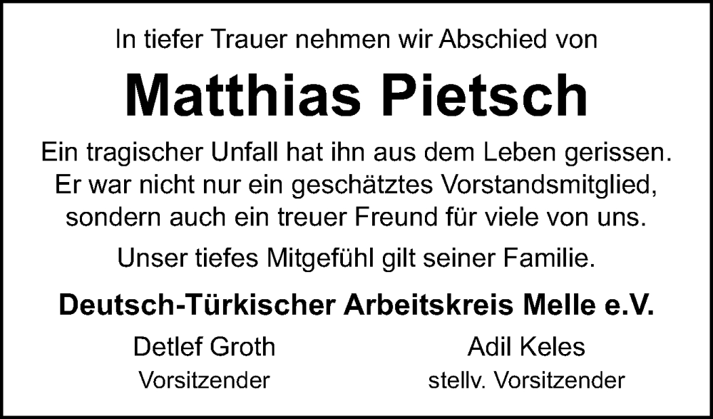  Traueranzeige für Matthias Pietsch vom 01.06.2024 aus Neue Osnabrücker Zeitung GmbH & Co. KG