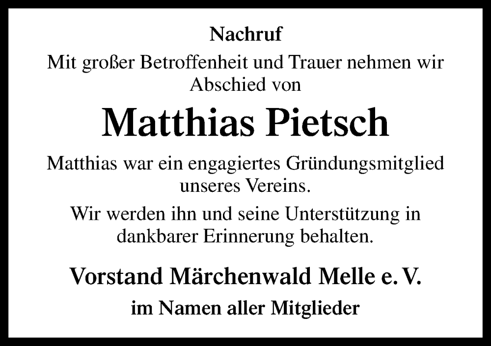  Traueranzeige für Matthias Pietsch vom 01.06.2024 aus Neue Osnabrücker Zeitung GmbH & Co. KG