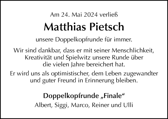 Traueranzeige von Matthias Pietsch von Neue Osnabrücker Zeitung GmbH & Co. KG