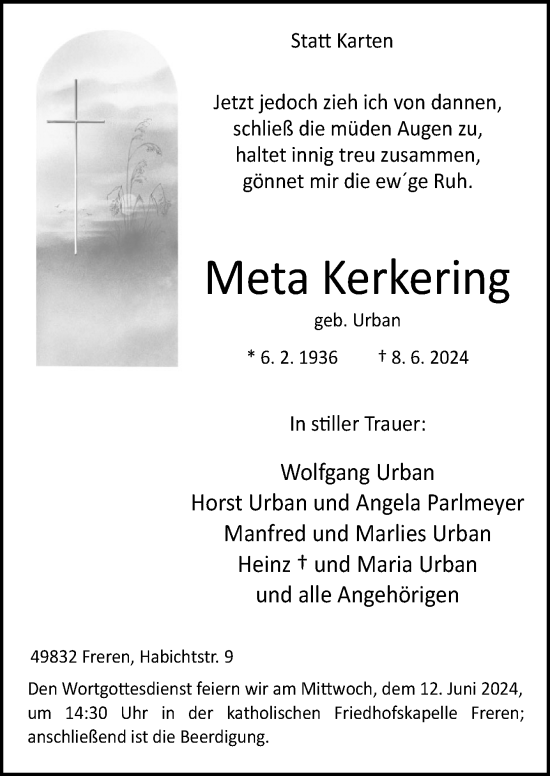 Traueranzeige von Meta Kerkering von Neue Osnabrücker Zeitung GmbH & Co. KG