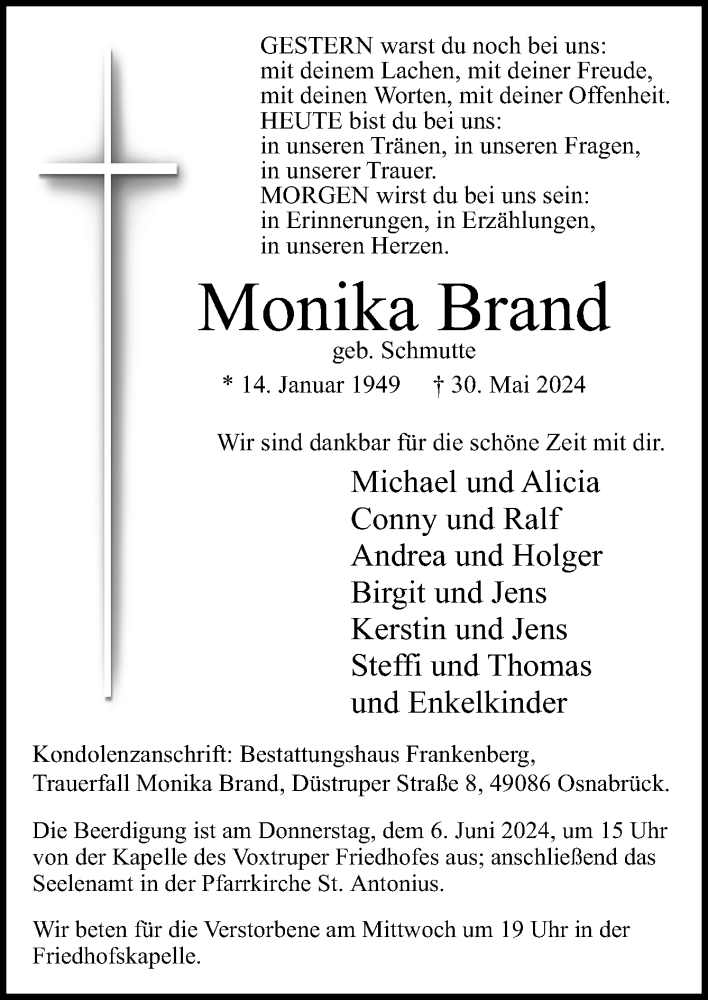  Traueranzeige für Monika Brand vom 03.06.2024 aus Neue Osnabrücker Zeitung GmbH & Co. KG