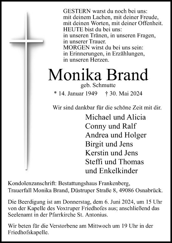 Traueranzeige von Monika Brand von Neue Osnabrücker Zeitung GmbH & Co. KG