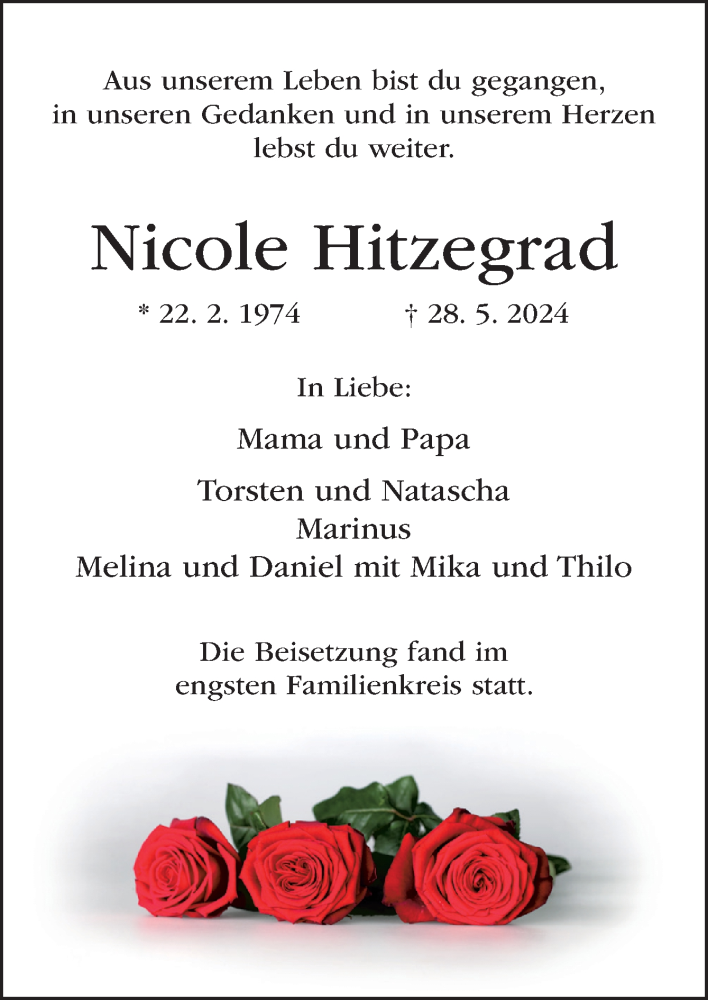  Traueranzeige für Nicole Hitzegrad vom 08.06.2024 aus Neue Osnabrücker Zeitung GmbH & Co. KG