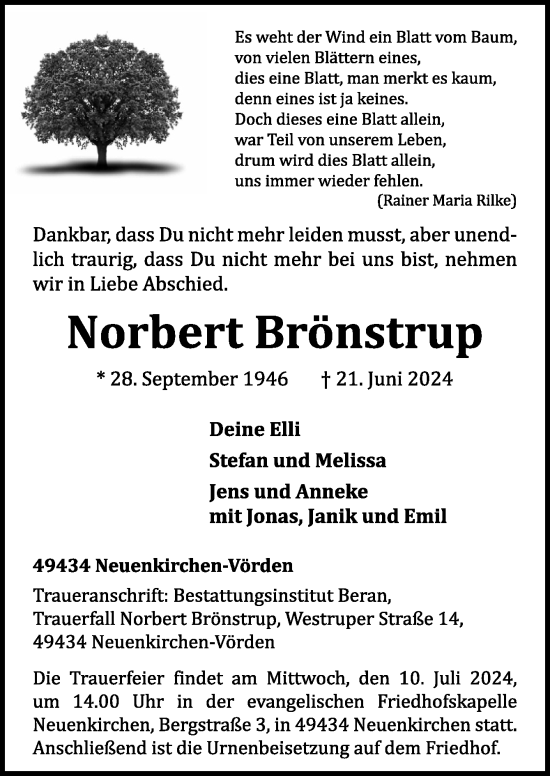 Traueranzeige von Norbert Brönstrup von Neue Osnabrücker Zeitung GmbH & Co. KG