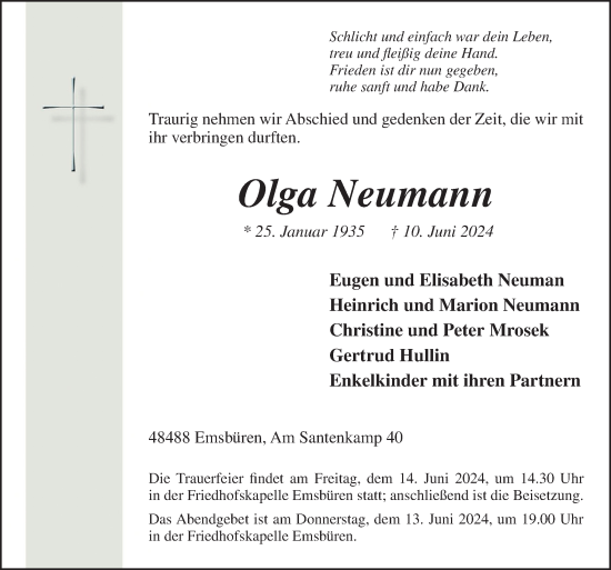 Traueranzeige von Olga Neumann von Neue Osnabrücker Zeitung GmbH & Co. KG