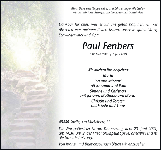 Traueranzeige von Paul Fenbers von Neue Osnabrücker Zeitung GmbH & Co. KG