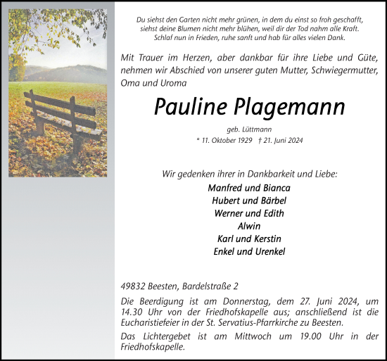 Traueranzeige von Pauline Plagemann von Neue Osnabrücker Zeitung GmbH & Co. KG