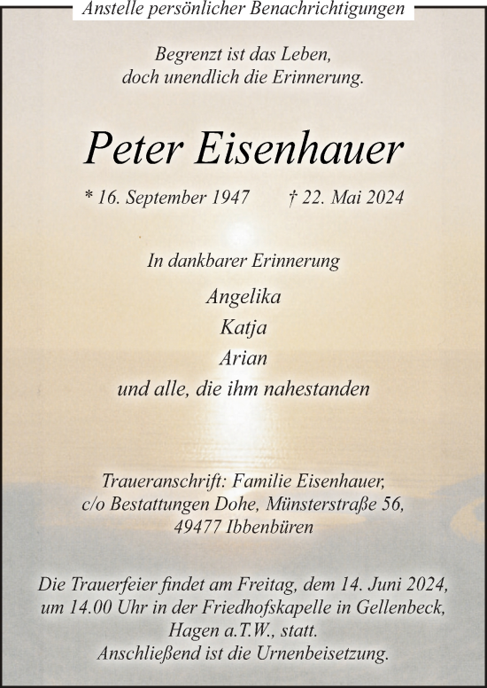 Traueranzeige von Peter Eisenhauer von Neue Osnabrücker Zeitung GmbH & Co. KG