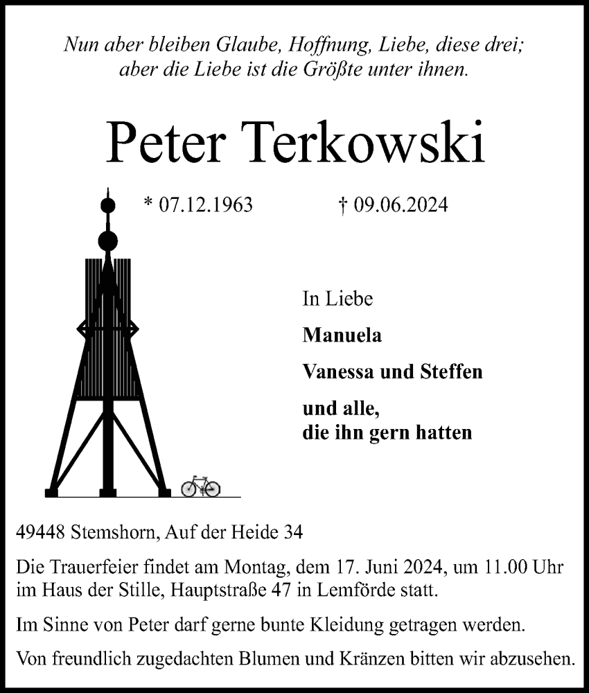  Traueranzeige für Peter Terkowski vom 12.06.2024 aus Neue Osnabrücker Zeitung GmbH & Co. KG