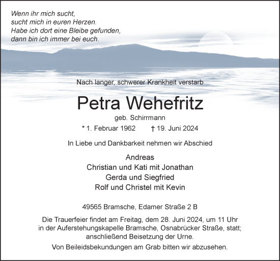Traueranzeige von Petra Wehefritz von Neue Osnabrücker Zeitung GmbH & Co. KG