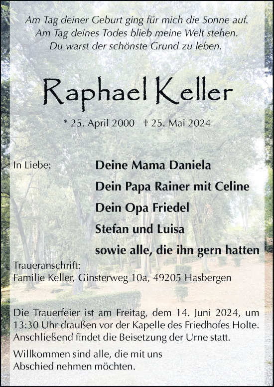 Traueranzeige von Raphael Keller von Neue Osnabrücker Zeitung GmbH & Co. KG