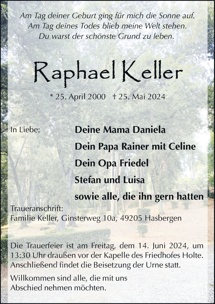  Traueranzeige für Raphael Keller vom 01.06.2024 aus Neue Osnabrücker Zeitung GmbH & Co. KG